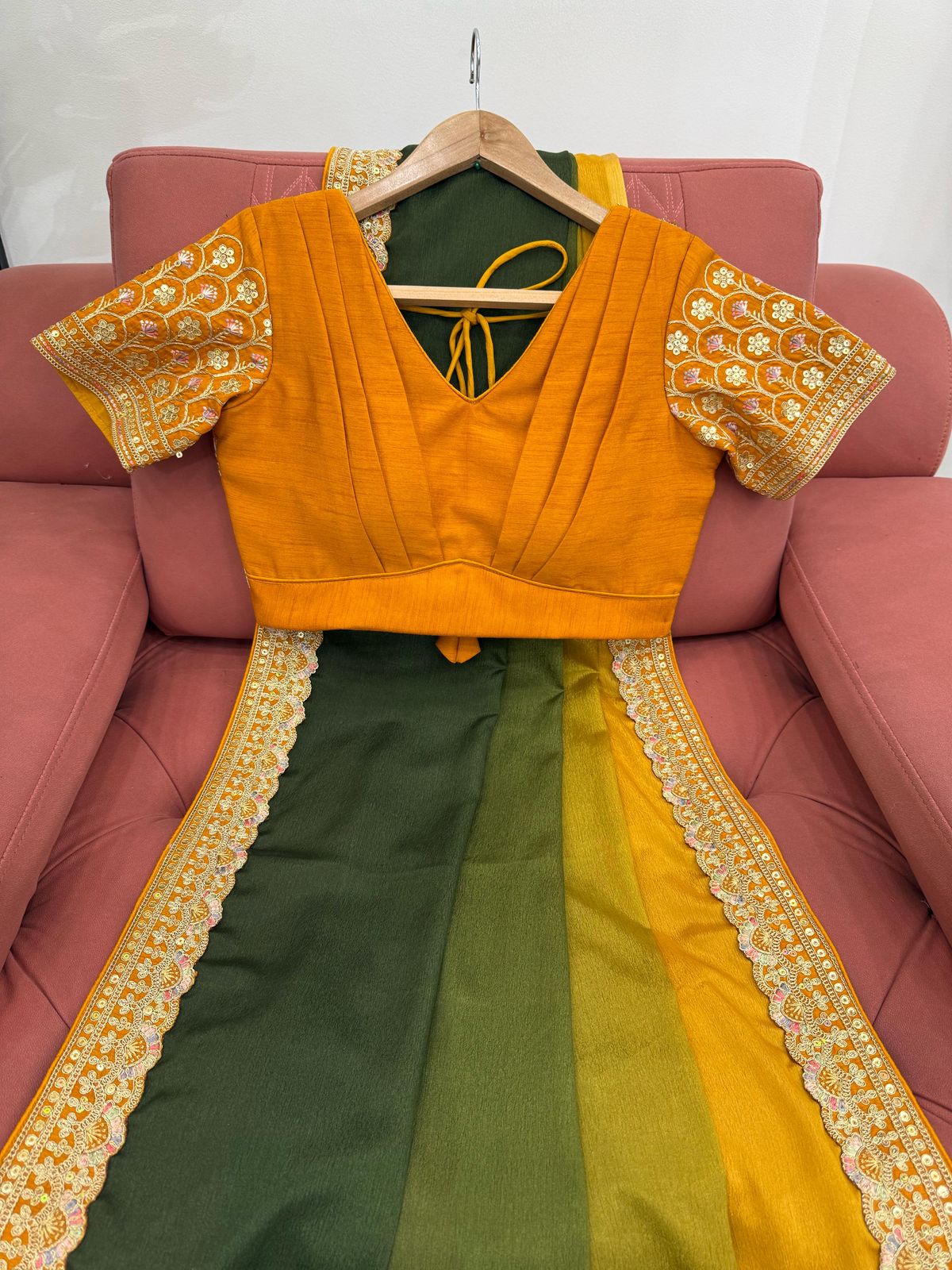 Shanvika yellow green pure Chinon silk saree featuring intricate thread embroidery and sequin lace border, paired with unstitched Mono Benglori embroidered blouse fabric – ideal for weddings, festive occasions, and party wear